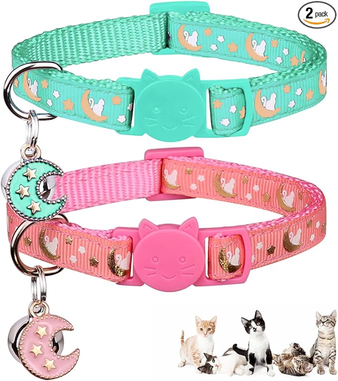 Baeuppit 2Pcs Breakaway Cats Collars Cat Collars for Boy & Girl Cats Adjustable Kitten Collars with Bell,Pink+Teal,8"-13.1"