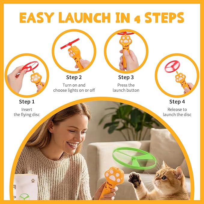Cat Fetch Toy, Rechargeable Flying Disc Launcher Toy with 6 Flying Discs, Cat Toy Launcher, Flying Bird Cat Toy, Cat Interactive Toys for Outdoor and Indoor (White)