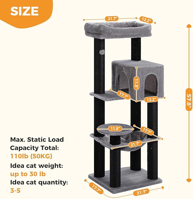 MUTTROS Large Cat Tree for Indoor Cats Large Adult, 57.8" Heavy Duty Cat Tower with Reinforced Scratching Posts (φ3.7in) and Plush Larger Hammock for Maine Coon & Big Cats, Supports 30lbs, Black