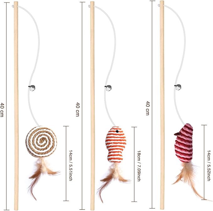 KABB Cat Toys for Indoor Cats, 3pcs 16 Inch Natural Wood Cat Teaser Wand Toy with Teaser Refills for Cat Kitten Having Fun Exerciser Playing, Bonus 5pcs Catnip Sticks for Cat Teeth Cleaning