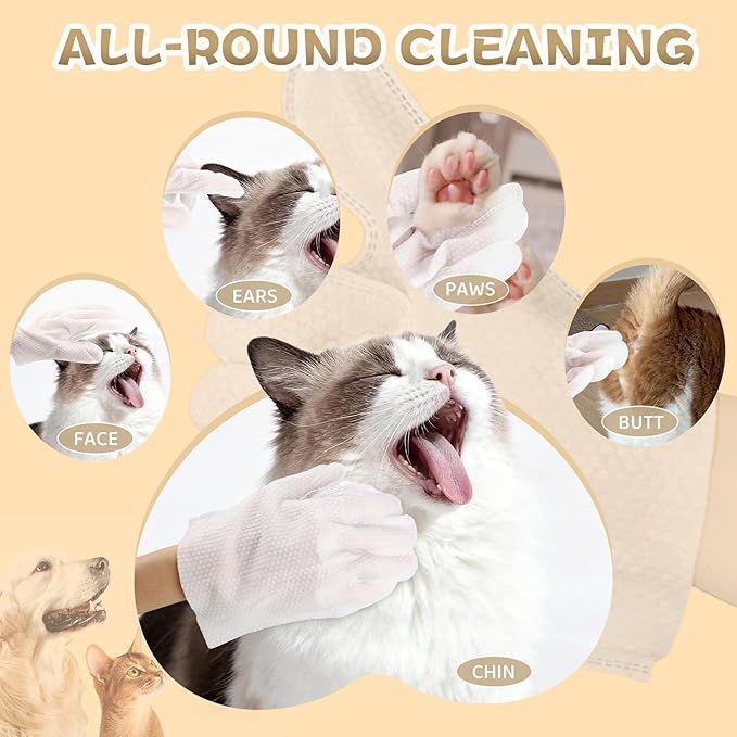 4 in 1 Pet Glove Wipes for Dogs & Cats, 7 Plant Extracts, Hypoallergenic Pet Cleaning Wipes, Dog Washing Gloves Extra Thick, Lick-Safe, Rinse Free for Grooming and Travel, 6PCS
