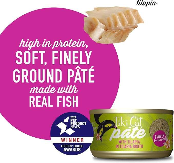 Tiki Cat Luau Pate, Tilapia Recipe in Tilapia Consumme, Grain-Free Balanced Nutrition Wet Canned Cat Food, for All Life Stages, 2.8 oz. Can (12 Count)