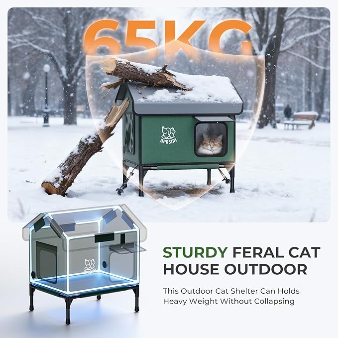 Outdoor Cat House Weatherproof – Insulated Feral Cat Shelter with Heating Pad, Water Resistant 900D Oxford, Anti-Peep Curtains & Escape Door, Elevated Design for All Seasons, Small