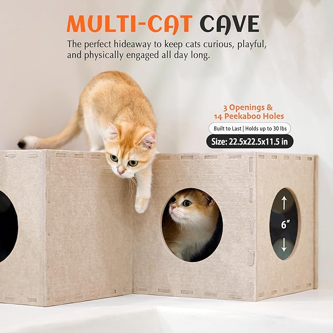 PETKARAY Cat Tunnel, Original Cat Hideaway Cave for Indoor Cats, Large Kitten Play Tubes and Tunnels, Soft Felt Cat Toy with Interactive Peek Hole, Beige L Shape