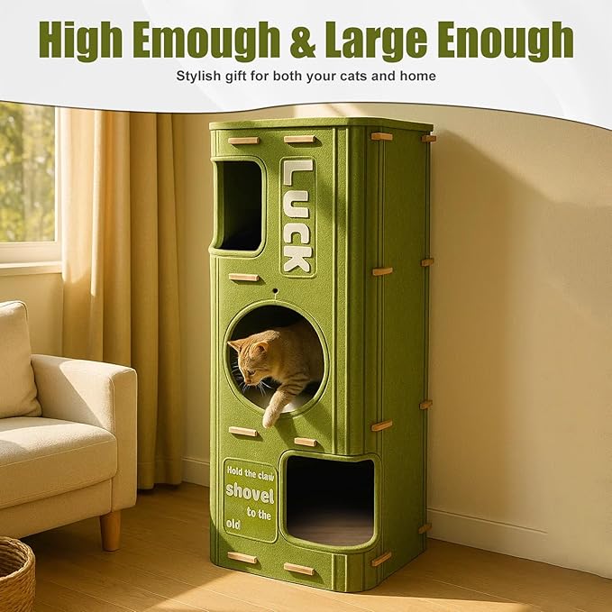 3-Tier Felt Cat House & Tunnel Bed for Indoor Cats – Enclosed Felt Cat Cave Condo with Plush Ball & Cushion – Cozy Hideaway Nest & Cat Furniture, Large Covered Casa para Gatos