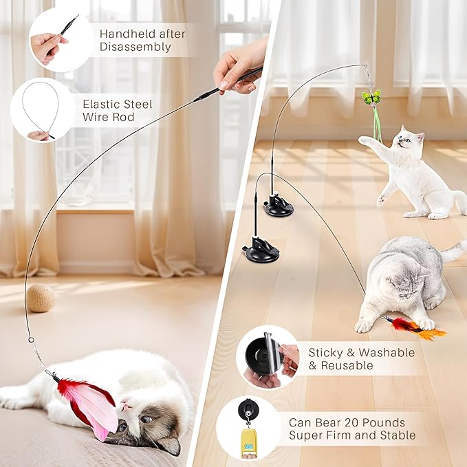 Cat Toys for Indoor Cats, 14Pcs 4 in 1 Cat Interactive Toys, Hanging Door Kitten Wand with Suction Cup Removable Feathers Balls Mice Butterfly Streamers