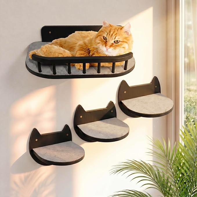 Cat Wall Shelves – 3 Steps Climbing Furniture & Perch for Indoor Cats up to 30lbs, Wooden Floating Shelf with Non-Slip Pad Bed, Modern Corner & Wall Mounted for Playing and Lounging - Black