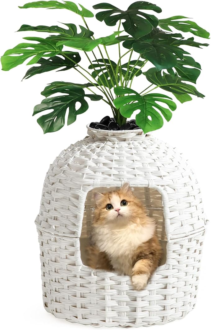 SETVSON Cat Litter Box Plant Enclosure, Hidden Handwoven Rattan with Cat Litter Box Furniture and Artificial Plants, Odor Control Filter, Real Stones in Living Room, Bedroom, Corner (White)