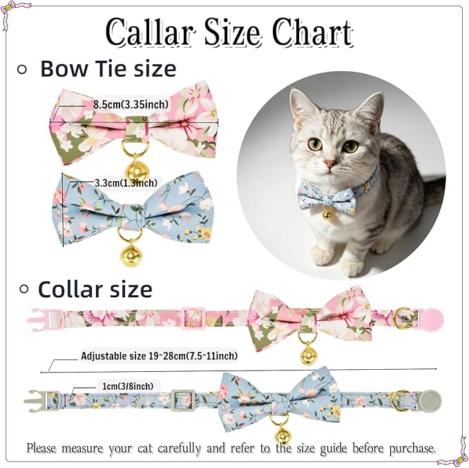 2 Pack Floral Bow Tie Cat Collars with Bell, Adjustable Soft Cotton Cute Kitten Collars with Safety Breakaway Buckle for Cats & Small Dogs(Fl Blue+Pink)