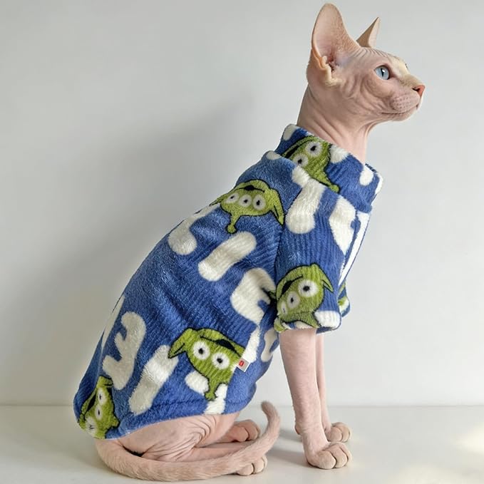 Sphynx Cat Clothes Sweaters for Cats Only, Warm Sphynx Hairless Cat Clothes Shirt,Sphinx Kitten Winter Coat Pet Outfits Costume for Cornish Rex, Devon Rex, Alien Pattern Royal Blue,M