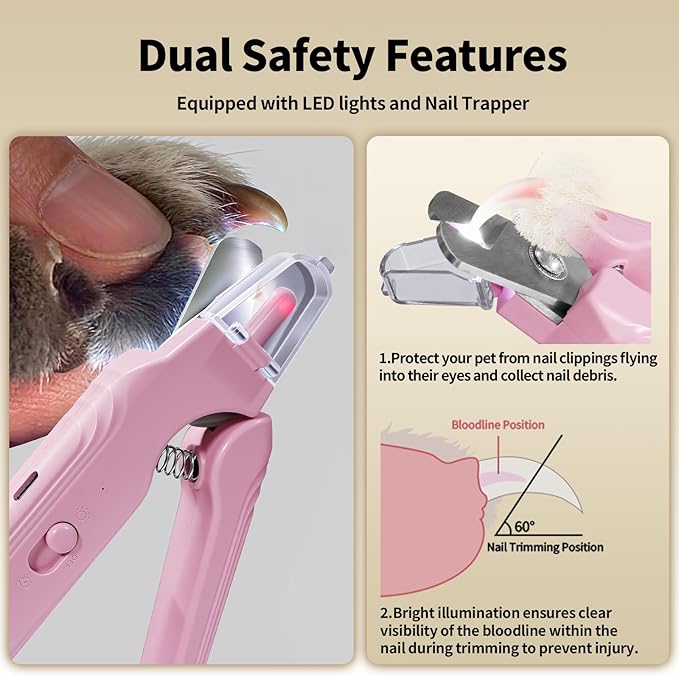 2-in-1 Dog & Cat Nail Clippers and Grinder with Light, Safety Guard, Painless Quiet Pet Nail Claw Trimmers, USB Rechargeable Pet Nail Trimmer, for Large Medium Small Dogs Cats Claw Trimmer, Pink