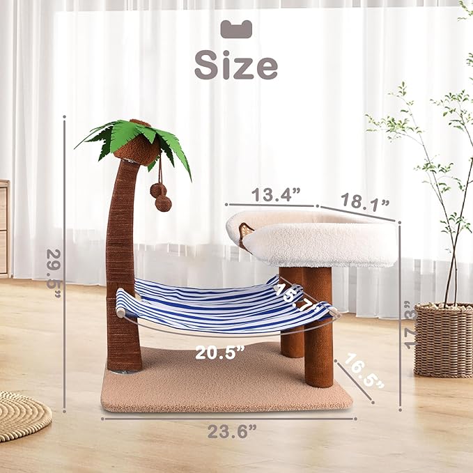 2 in 1 Cat Bed with Scratching Post, 29.5" Tall Sisal Rope Cat Scratching Post with Cat Bed Tower, Hammock and Hanging Ball for Indoor Adult Cat Small Kitten Rest and Fun