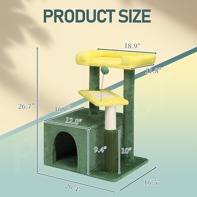 27.5in Plush Cat Tree, Multi-Level Cat Tower with Scratching Post and Pad, Cozy Condo & Padded Perch, Dangling Ball for Kittens and Indoor Cats, Compact Cat Furniture for Small Spaces (Yellow & Green)