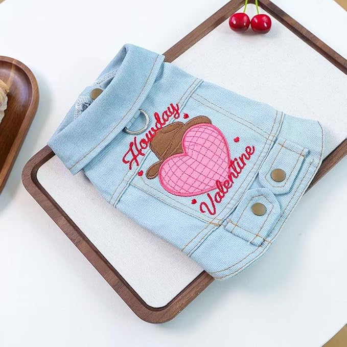 Valentine Denim Dog Jacket for Small Dogs Cats, Cute Cowboy Heart Embroidered Pet Vest with D-Ring for Leash, Lightweight Puppy Outfit for Daily Wear & Holidays(XS)