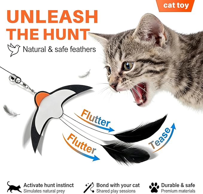 Walfront Interactive Cat Wand Toy with Strong Suction Cup Base, Bird Teaser with Bells, Triggers Hunting Instinct, Includes 2 Wands and 2 Replacement Birds, 35.4 Inch Wand for Indoor Cats