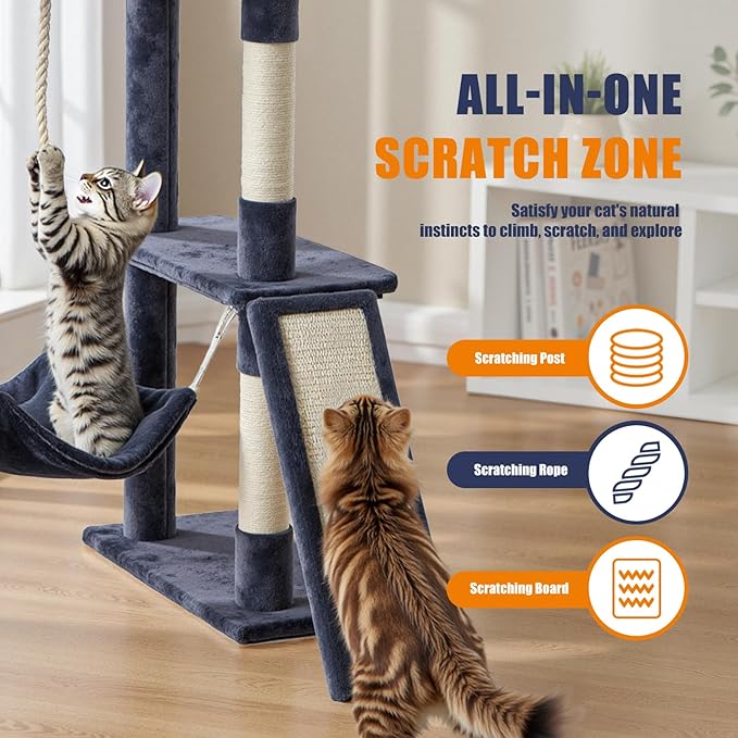 DUMOS 63 Inch Cat Tree Tower, Large Multi Level Cat Climbing Tower with Condo, Natural Sisal Scratching Posts, Extended Platform, Hammock, Pet House for Indoor Cats and Kittens Play, Dark Grey