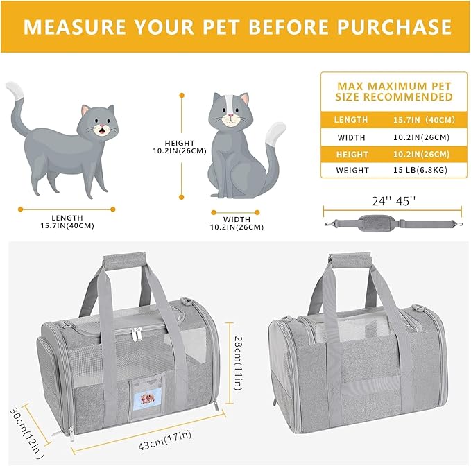 Airline Approved Cat Carrier Soft-Sided Pet Travel Carrier for Cats and Small Dogs up to 15lbs, TSA Approved Under Seat Carrier with Collapsible Bowl, Grey