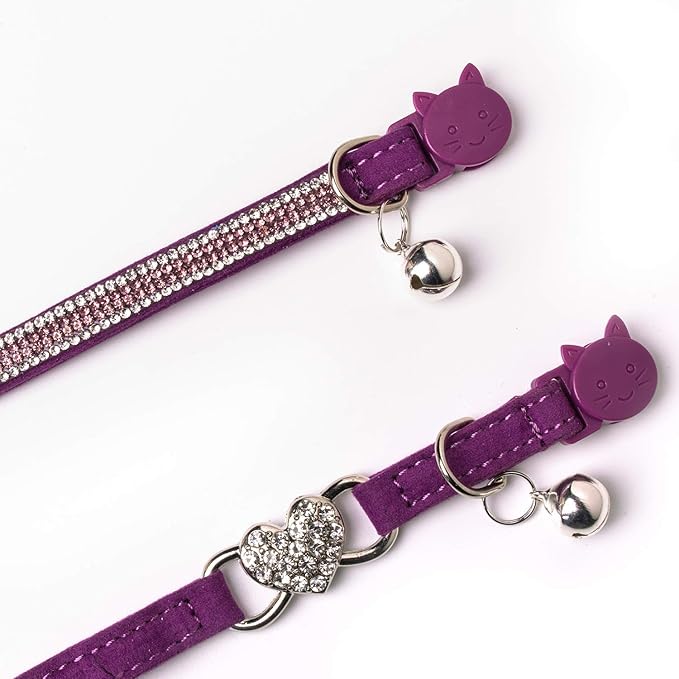 BoomBone Rhinestone Cat Breakaway Collar Pack of 2 Purple Kitten Collars with Bell