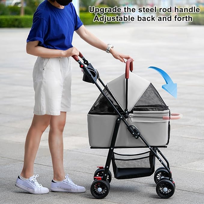 Pet Stroller for Medium Small Dogs/Cats - 4 Wheels Foldable Dog Stroller with Storage Basket,Dog/Cat Carrier,Adjustable Handle,Folding Puppy Carrier Suitable for Traveling with Cats and Dogs (Grey)