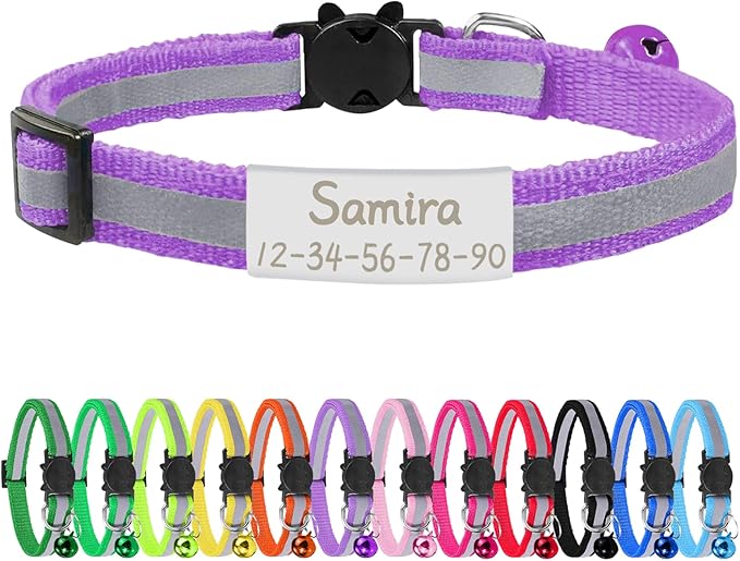 CAMAL Reflective Cat Collar Personalized with Pet ID Tag, Safety Breakaway Cat Collar with Name Tag, Purple Kitten Collar with Bell for Boy Girl Cats Puppies