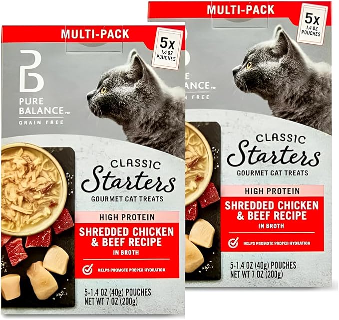 Pure~Balance Classic Starters Gourmet Cat Treats, Shredded Chicken & Beef in Broth, High Protein, Soft Treats ~ 5 Pouches of 1.4 Oz Inside, Wet Cat Treat Adult Cats ~ (2 Box) ~ (1 Pack)