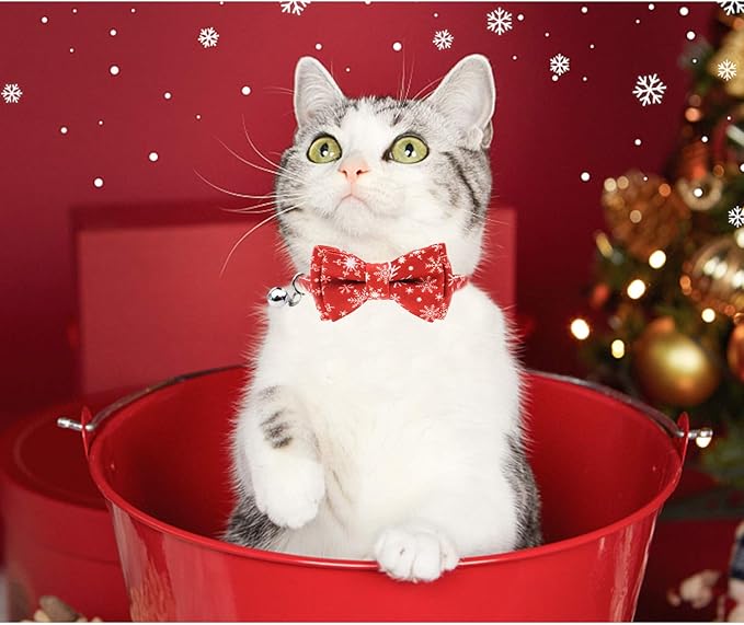 Malier 2 Pack Christmas Cat Collars Breakaway with Bow Tie and Bell, Classic Buffalo Plaid Kitten Collar with Cat Bow Tie Cat Collar for Cats Kitty Kitten Cat Stocking (Christmas)