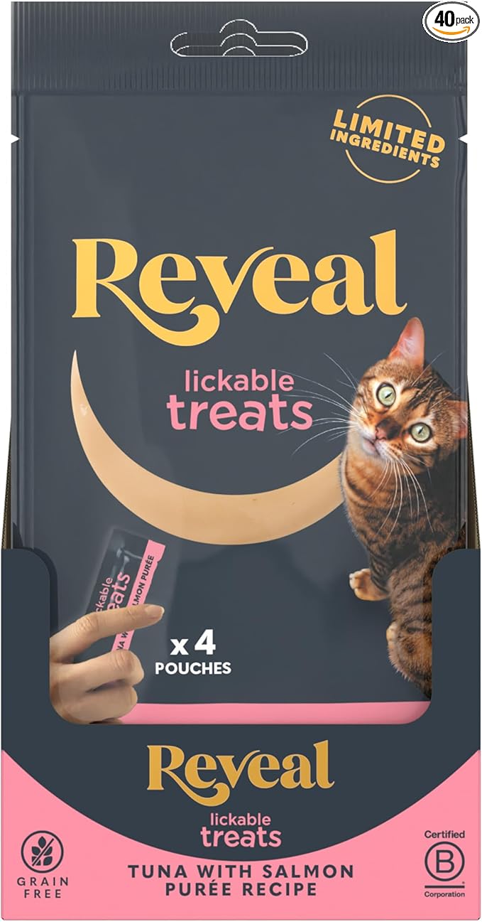 Reveal Natural Creamy Lickable Purée Cat Treats, Grain Free and Made with Limited Ingredients, Tuna Filet with Salmon Recipe Squeeze Up Cat Treats (40 x 0.5 oz Pouches)