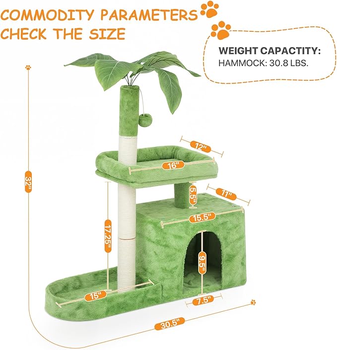 Cat Tree, 32 Inch Cat Tower with Scratching Posts, 1 Caves,1 Pompom,1 Hammock, Green Leaves and Cozy Condo, Cat House Cat Tree for Indoor Cats Large Adult - Green