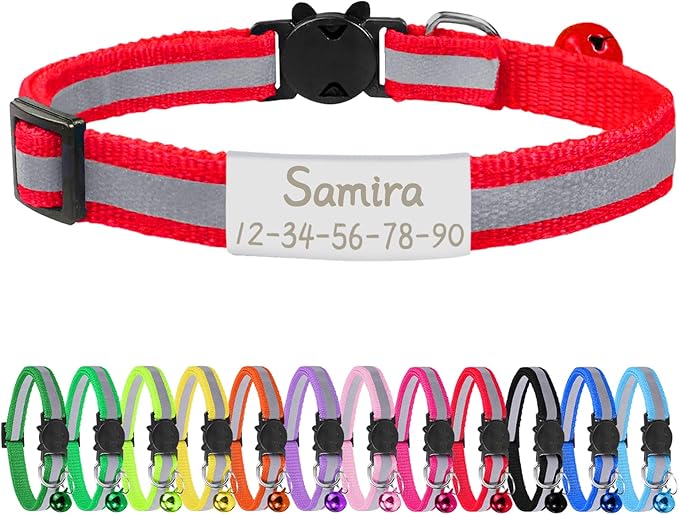 CAMAL Reflective Cat Collar Personalized with Pet ID Tag, Safety Breakaway Cat Collar with Name Tag, Red Kitten Collar with Bell for Boy Girl Cats Puppies