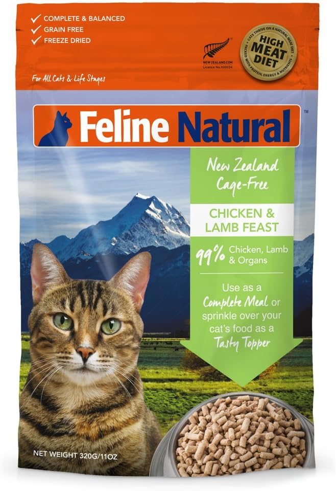 Feline Natural High Protein Dry Cat Food, Freeze-Dried Diet with 98% Meat, Organs & Seafood, No Peas, Grains, or Artificial Additives, Made in New Zealand, Chicken & Lamb, 11oz