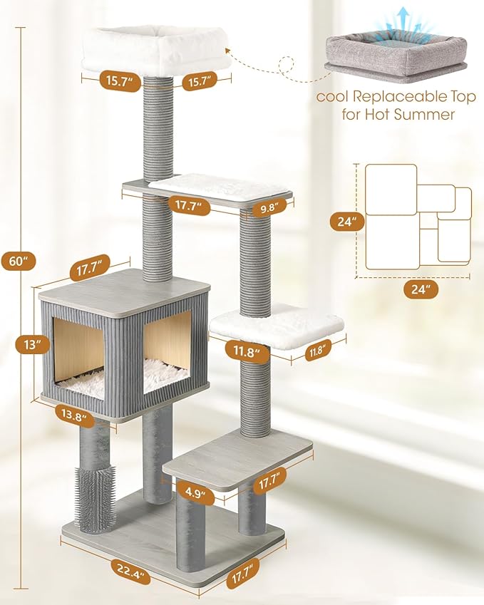 Maine Coon Cat Tree for Large Cats, Modern Cat Tree Tower with Plush Platforms, Heavy Duty Cat Trees for Indoor Cats Large Adult, Gray Sisal Posts, Scratching Post for Indoor Cats