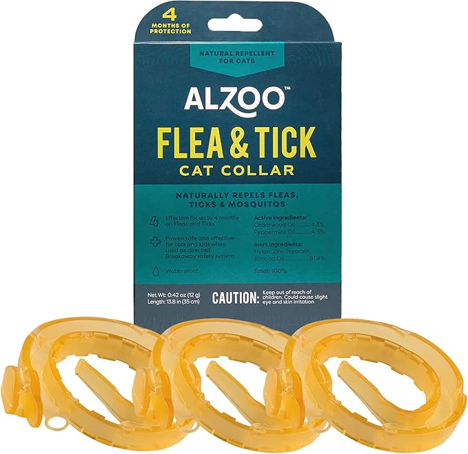 ALZOO Flea & Tick Cat Collar, Helps Repel Fleas, Ticks & Mosquitoes, Plant-Based Active Ingredients, Phthalates and PVC Free, Up to 8 Months Protection, Pack of 3