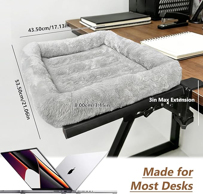 Cat Desk Bed for Home Office Worker Faux Rabbit Cushion Desk-Mounted Hammock Perch Foldable Desktop Space-Saving Clamp Mount Supports Indoor Cats Durable Removable Cover - Gray 21x17in