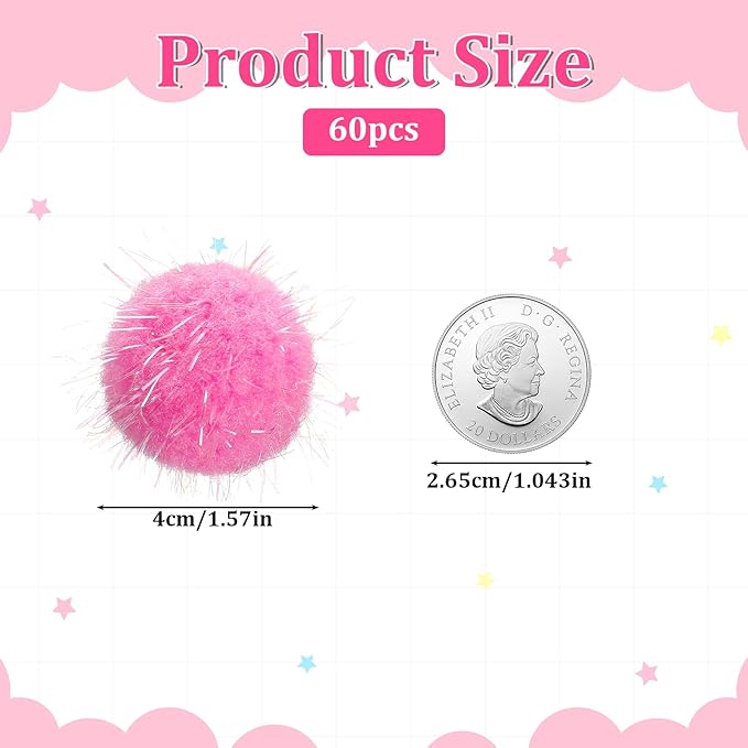 60 Pcs Cat Pom Pom Balls, 1.5 Inch Sparkle Balls for Cats, Assorted Colors, Interactive Glitter Toys for Indoor Cats Exercise & Play