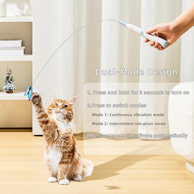 Electric Butterfly Cat Wand for Indoor Cats, 360 Spinning Self-Play with 2 Modes & Tap-to-Awake, Rechargeable Cleanable Suction Base, 3 Butterfly Refills, Interactive Cat Toy