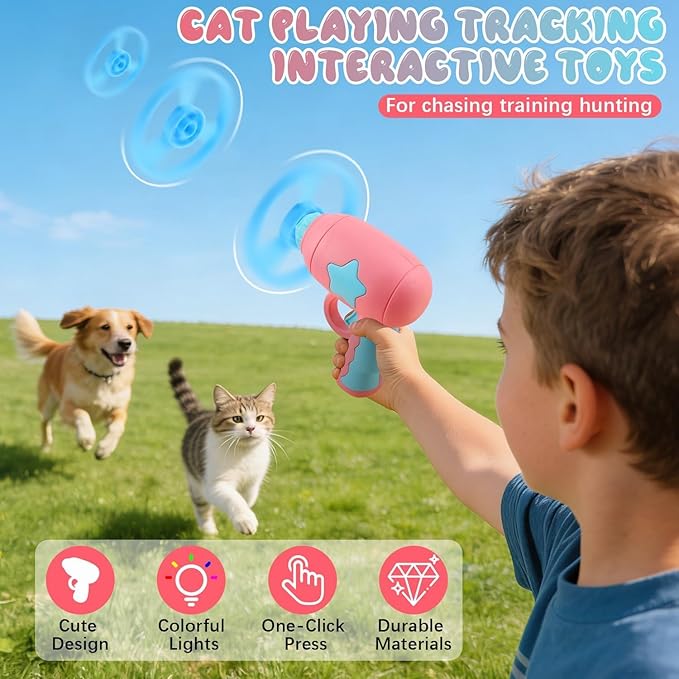Bamboo Dragonfly Catapult Pistol, Bamboo Dragonfly Catapult Launcher, Flying Disc Launcher Toy with LED Glow, Interactive Play for Cats & Outdoor Fun, Exercise & Night Activity (Pink)