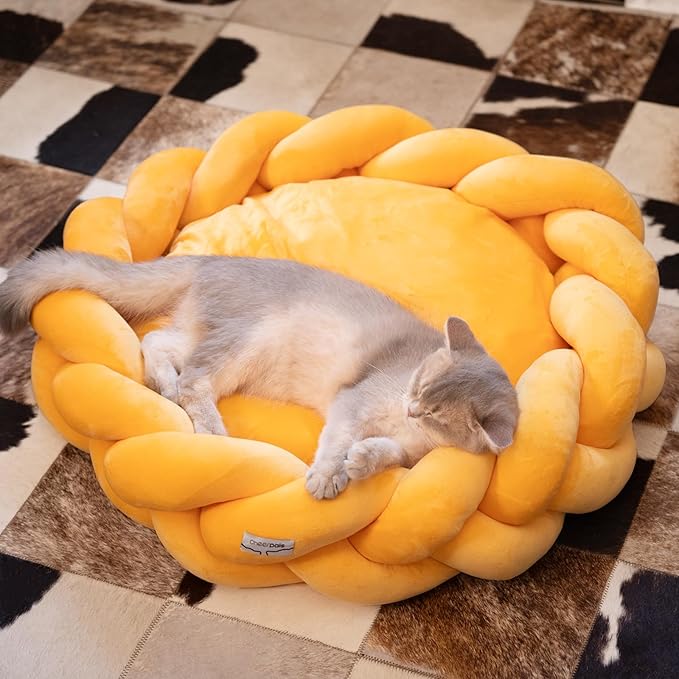 CHEERPALS Weave Cat Bed for Indoor Cats,Cute Pet Bed with Washable Cushion Fluffy Kitty Bed for Small Dog(Eggshell Yellow)