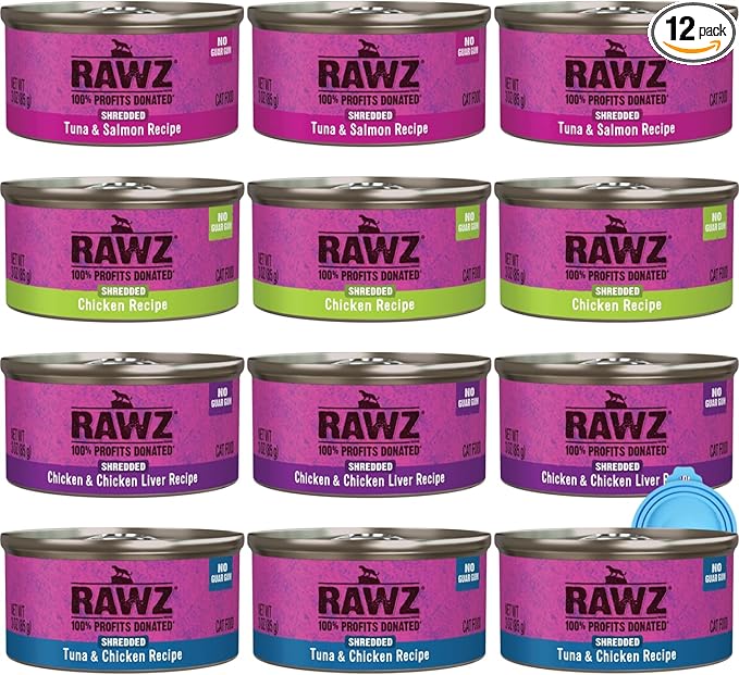 Rawz Natural Premium Canned Cat Wet Food Shredded -12 Pack Cans Variety Pack -4 Flavors with Yow Pet Lid- (Tuna & Salmon, Chicken & Liver, Tuna & Chicken, Chicken)- (3oz Cans)
