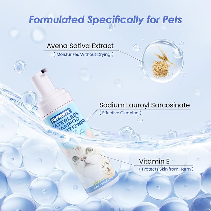 Cat Waterless Shampoo - No Rinse Formula for Quick Clean Between Baths, Hypoallergenic & Detangling, Reduce Itchy Skin Shedding, Vet-Recommended for Kittens/Senior Cats, Coconut Scent