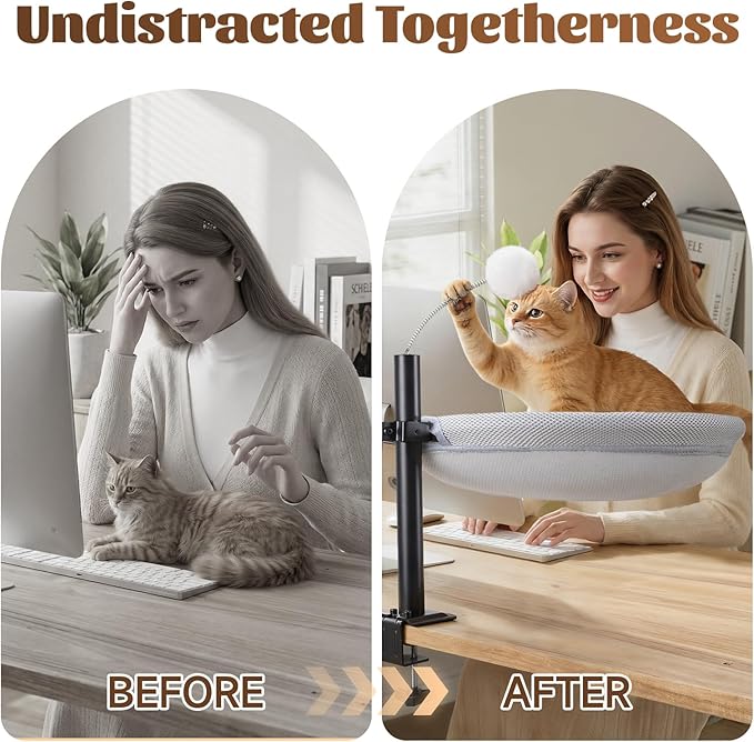 Cat Desk Bed with Interactive Hanging Ball, 360° Rotating & Height Adjustable Cat Hammock Perch, Cats Bed for Desk with Removable Washable Cover for Home Office Indoor Cats