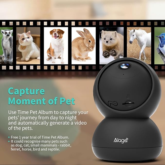 Alaga Indoor Security Camera,3K, 360° Pan/Tilt, Human/Pet/Motion AI, Night Vision, Speaker, Indoor Camera with Phone App, Compatible with Alexa & Google Assistant,5G & 2.4G WiFi,Black