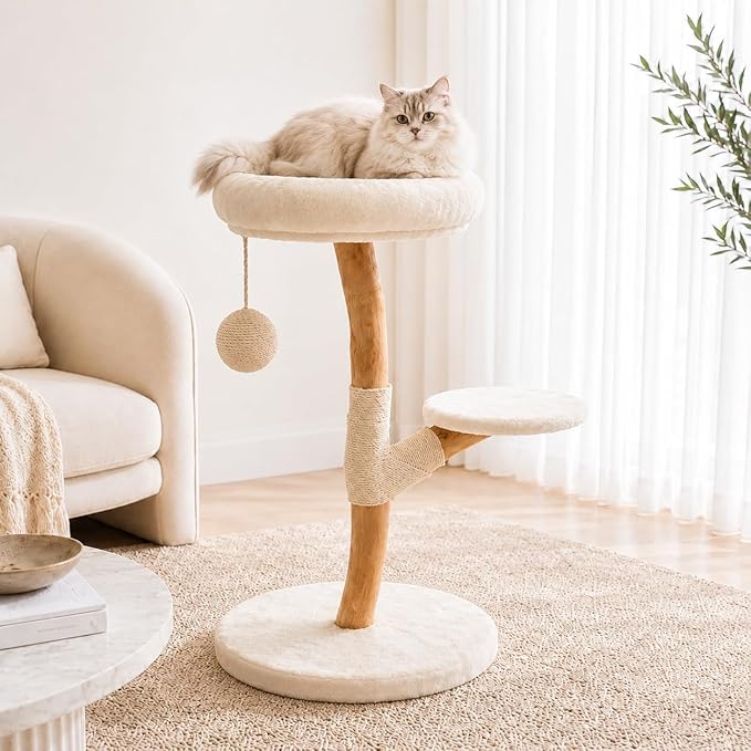 LEO & LEXI Real Wood Modern Cat Tree Tower, Cat Scratching Post with Bed for Small Indoor Cats, Solid Wooden Climbing Tower, Aesthetic Stand, Boho Luxury Pet Furniture
