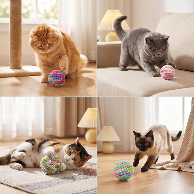 CIATBYYJ 4Pcs 1.57" Yarn Cat Toy Balls, Hand-Crocheted Yarn Cat Ball with Bell Inside, Kittens Chew Toys for Indoor Cats Kitty, Interactive Cats Nip Chew Toys for All Pet Breed