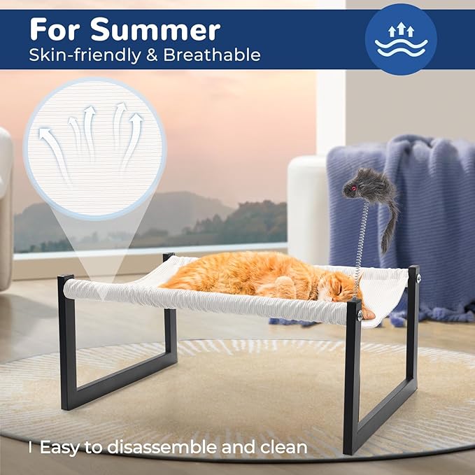 Elevated Cat Bed with 360° View - Rust-Proof Metal Frame, Removable Machine Washable Mattress (Thin), Includes Cat Toy - Easy Assembly