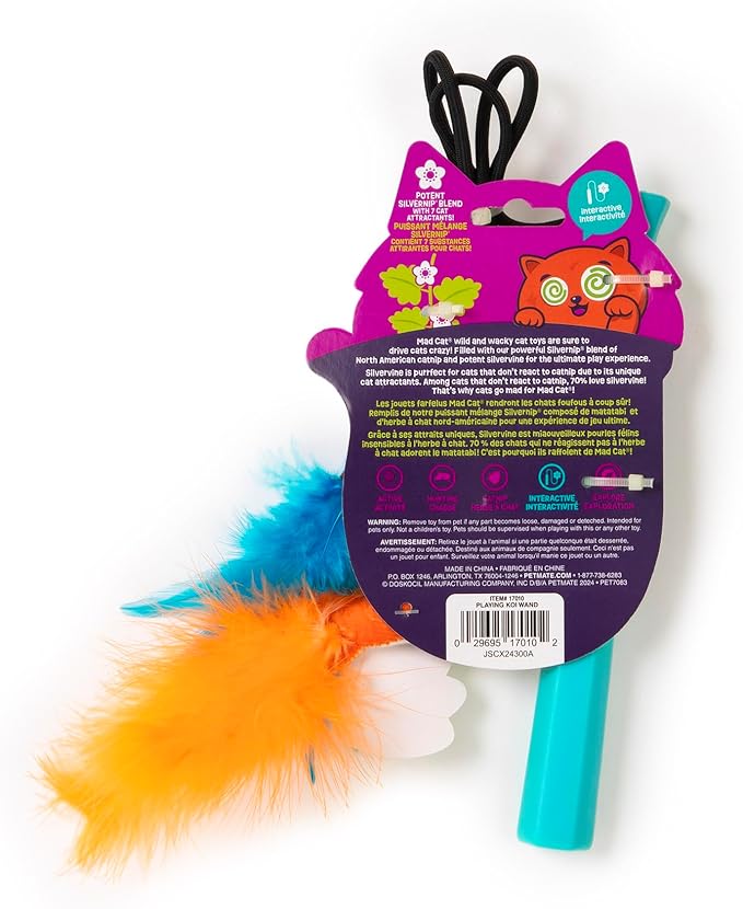 Mad Cat Playing Koi Retractable Feather Wand Cat Toy, with Telescopic Handle, for Hunting Instincts