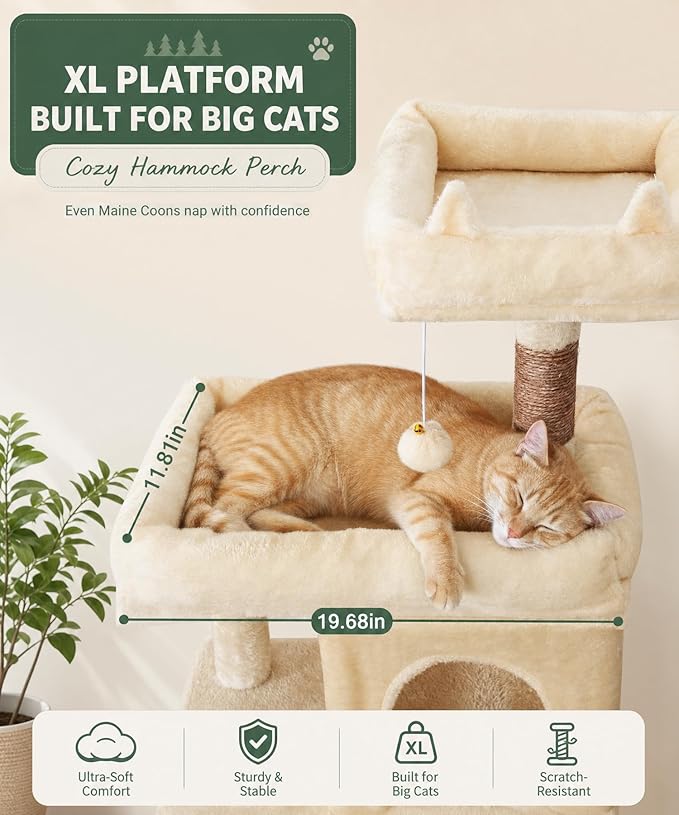 68 Inches Heavy Duty Cat Tree for Indoor Cat, Big Cat Tower with Sisal Scratching Posts and Top Perch, Large Platform for Adult Cats, PMT02BW, Beige