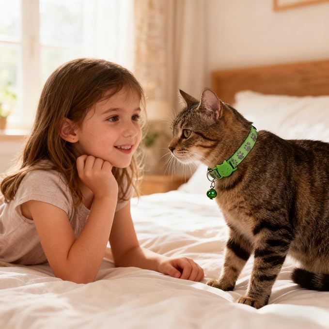 2 Pack Breakaway Cat Collar with Bells, Red Reflective Kitten Collars Claw Print Safety Buckle Adjustable for Girl and Boy Kitty Pets