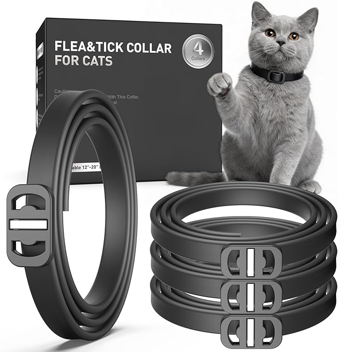 Flea and Tick Collar for Cats, 4 Pack Cat Flea Collar with Natural Essential Oils, Adjustable for All Cats & Kittens(Black)