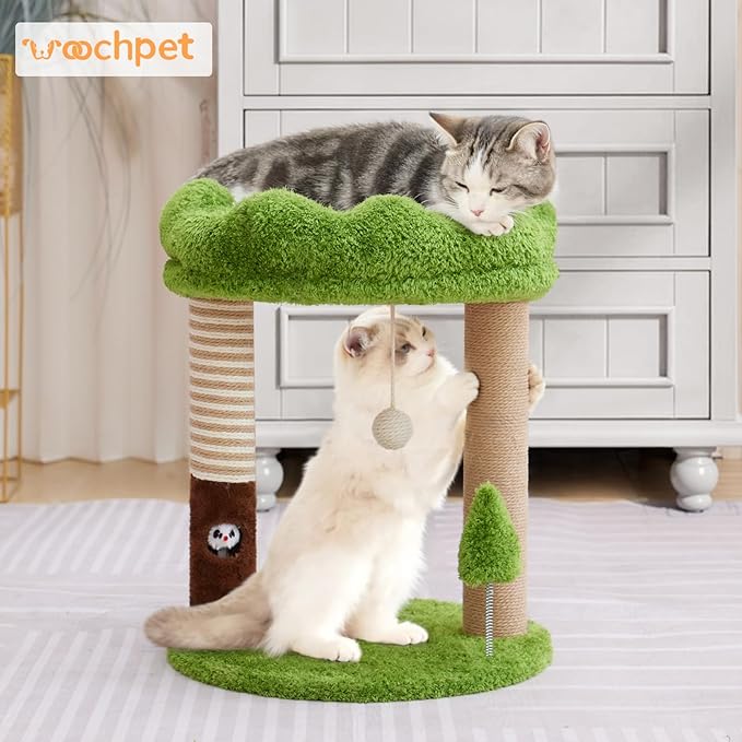 WOOCHPET Small Cat Tree with Perch Cat Bed and Removable Cover 23 inch Tall Cat Tower with 2 Scratching Sisal Scratching Posts and Cat Toys for Kittens and Adult Cats（Green）