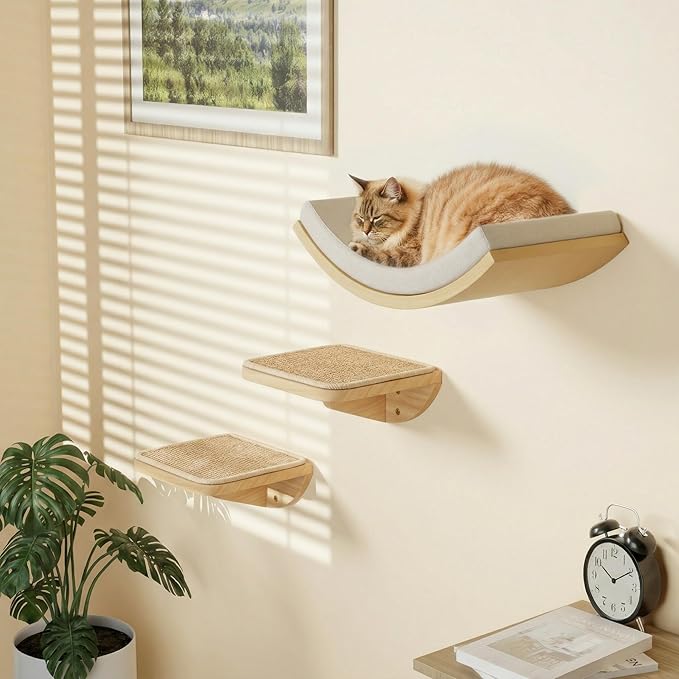 Cat Window Perches, Curved Cat Wall Beige Bed and 2 Floating Wall Steps, Wall Mounted Climbing Shelves for Sleeping, Playing, and Lounging